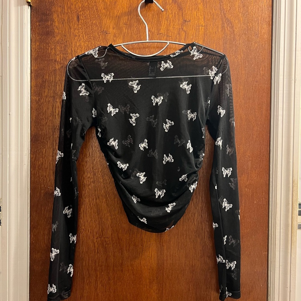 Forever 21 Black Sheer Top with White Butterfly Design